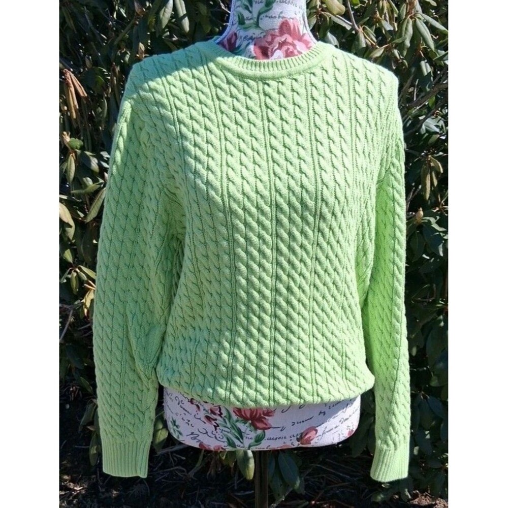 Vtg Appleseeds Women Spring Green 100% Cotton Knit Sweater Petite XL Cable Knit